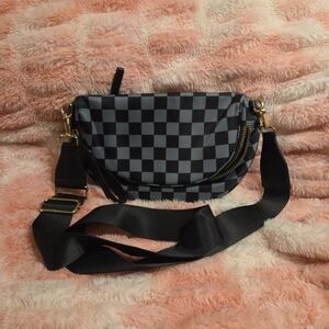 Black & Gray Checkered Crossbody Bag with Gold Hardware